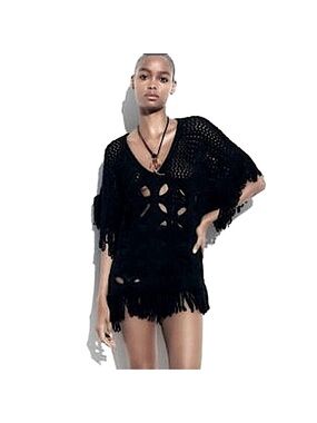 Zara Black Open-Knit Fringe Poncho Sweater